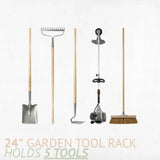 Set of gardening tools on a white background with text about a 24-inch garden tool rack. Wall-Mounted Garden Tool Rack - Garage