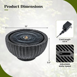 Product dimensions of a water pump with an inset showing the plug, cord length, and adjustable water speed feature.