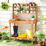 Costway Potting Bench Table with Flip-up Tabletop  Storage Shelves for Patio Porch Balcony Brown