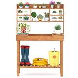 Costway Potting Bench Table with Flip-up Tabletop  Storage Shelves for Patio Porch Balcony Brown