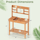 Costway Potting Bench Table with Flip-up Tabletop  Storage Shelves for Patio Porch Balcony Brown