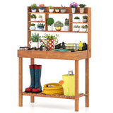 Costway Potting Bench Table with Flip-up Tabletop  Storage Shelves for Patio Porch Balcony Brown