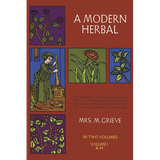 Book cover of 'A Modern Herbal' by Mrs. M. Grieve with illustrations and text on a red background