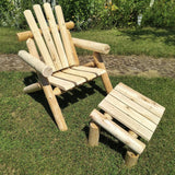 Wooden chair and ottoman set on a grassy area with a garden background