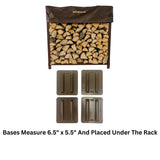 Woodhaven firewood rack with logs and four metal bases on a white background