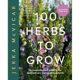 Book cover of '100 Herbs to Grow' with a green spine and herb-themed design.