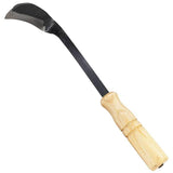 Zenport Clad Moon Weeding Sickle with black blade and wooden handle on a white background
